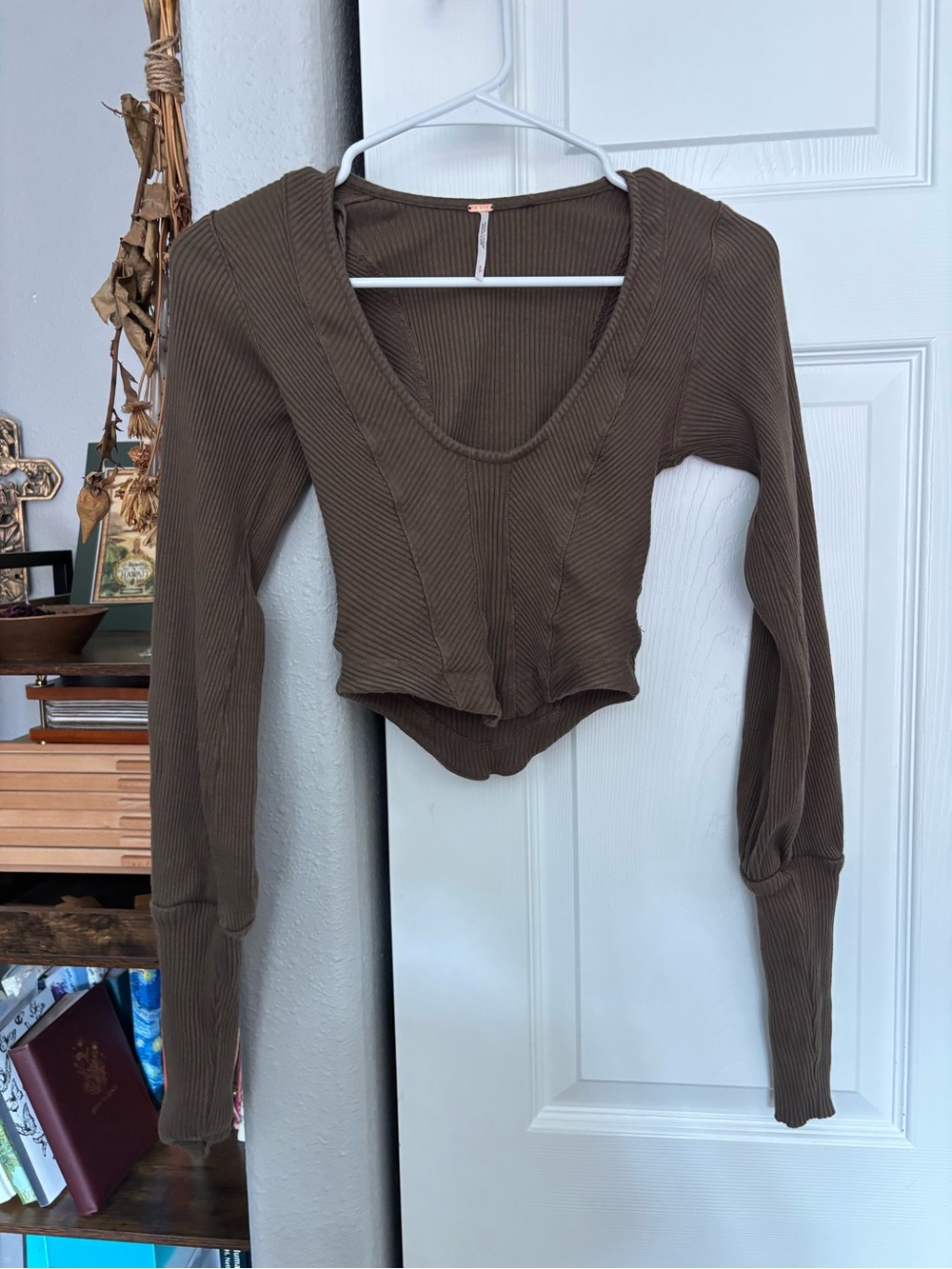 Free People Brown Ribbed Long-Sleeve V-Neck Crop Top